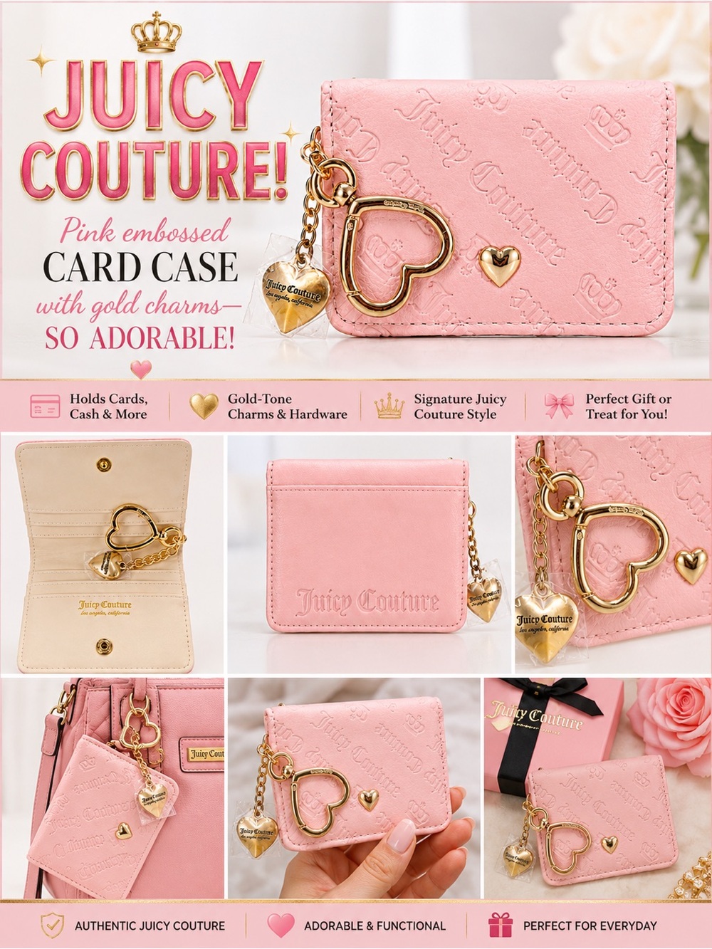 Juicy Couture Pink Card Holder with Gold Heart Charm